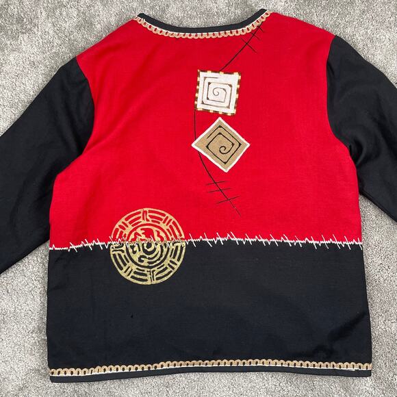 VTG Patchwork Embroidered Top Sz M Red Black Long Sleeve Funky Abstract Linen - Picture 6 of 13